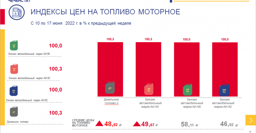 Индексы цен на топливо моторное по Чеченской Республике с 10 по 17 июня 2022 года