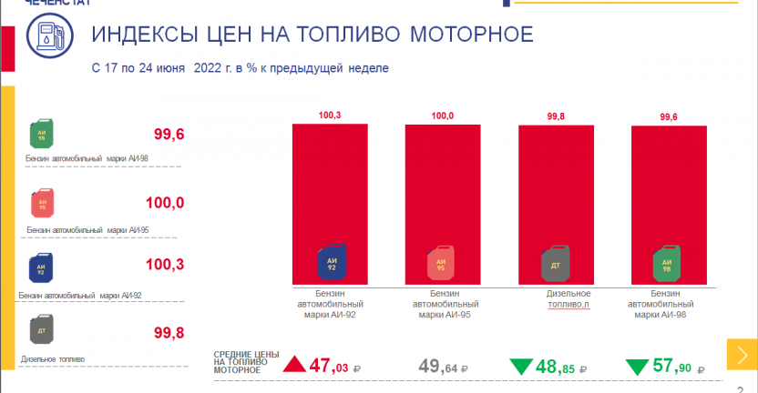 Индексы цен на топливо моторное по Чеченской Республике с 17 по 24 июня 2022 года