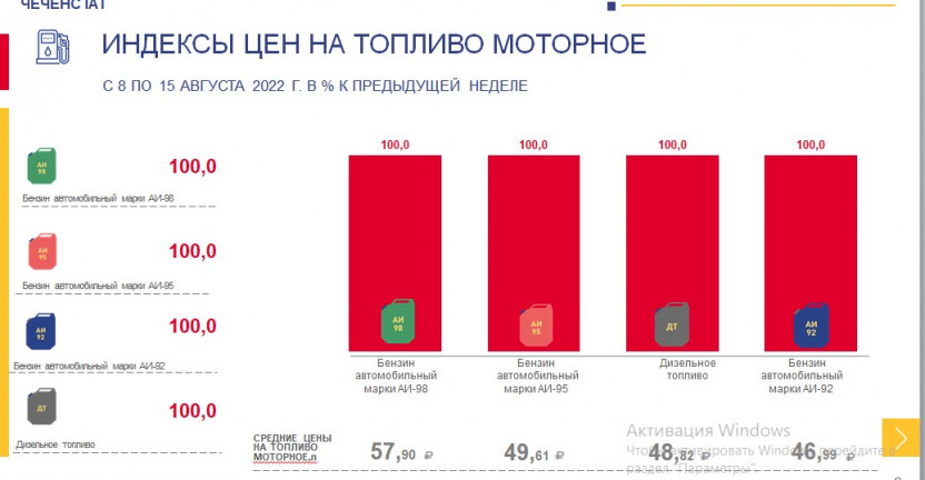 Индексы цен на топливо моторное по Чеченской Республике с 8 по 15 августа 2022 года